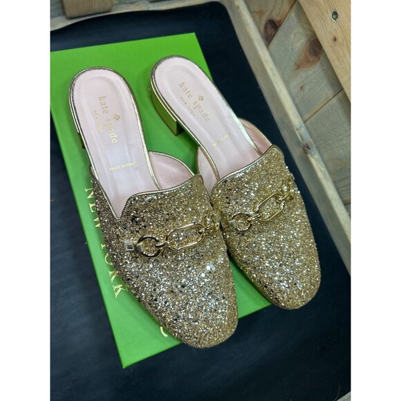 Kate Spade Glendi Gold Glitter Mules 8.5M Chain Detail Slip-On Shoes - Picture 4 of 7